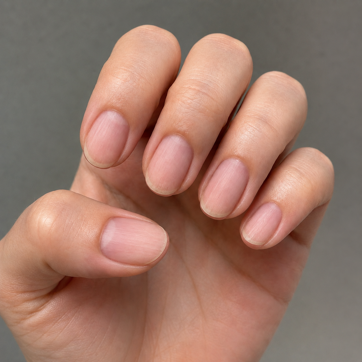 The same customer's hands later — healed, neat nails, the skin no longer picked