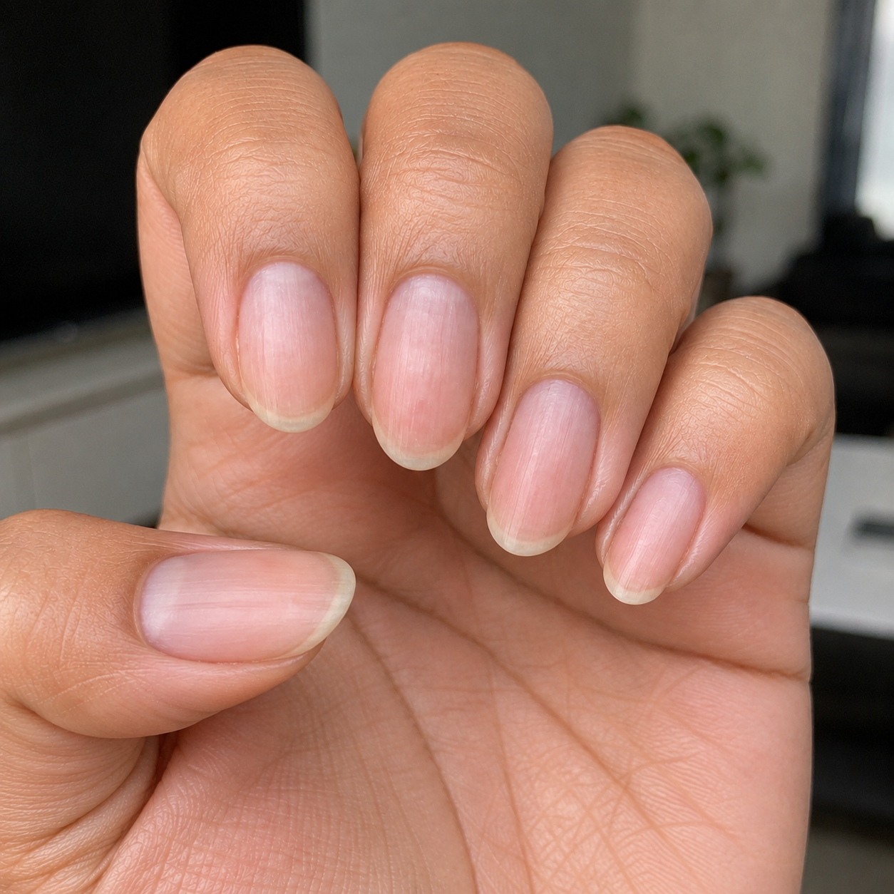 The same customer's hands later — healed nails, the skin no longer picked