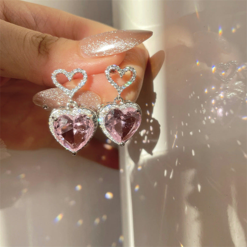 Jexyna Crystal Heart Earrings — pink crystal heart earrings (view 6)