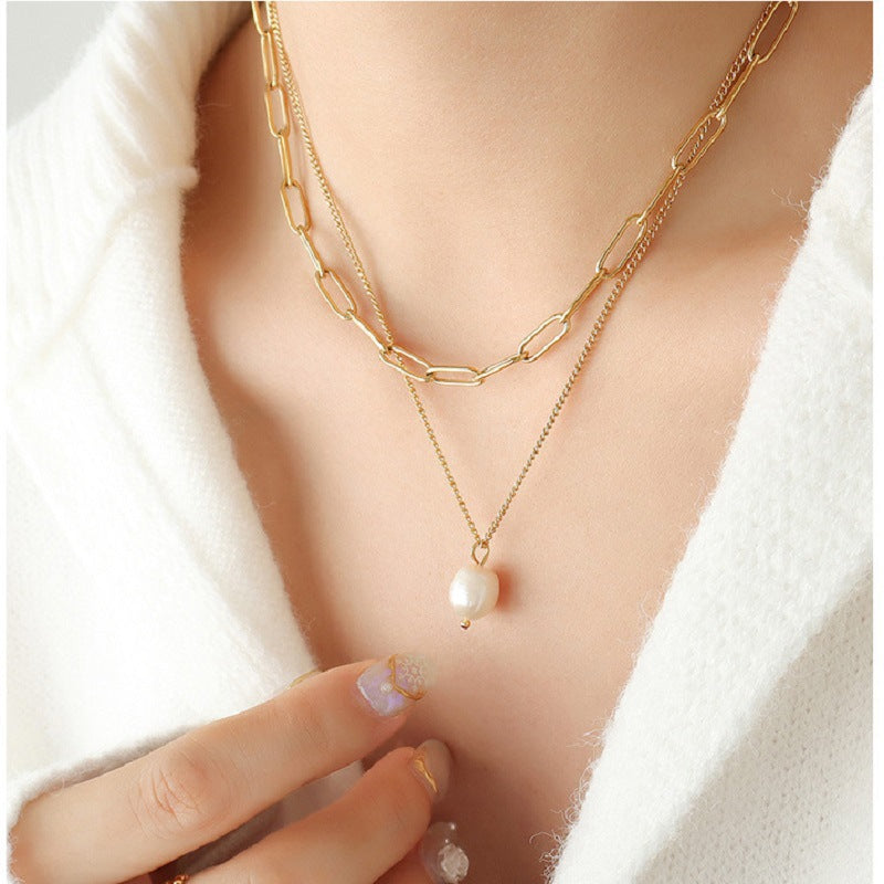 Jexyna Layered Pearl Necklace — gold-plated double-layer pearl necklace (view 9)