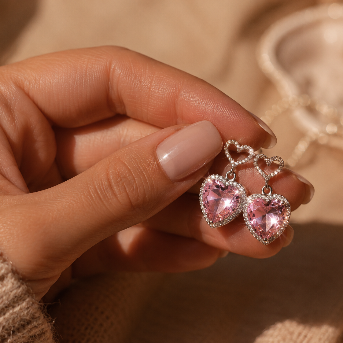 Crystal Heart Earrings in Hand