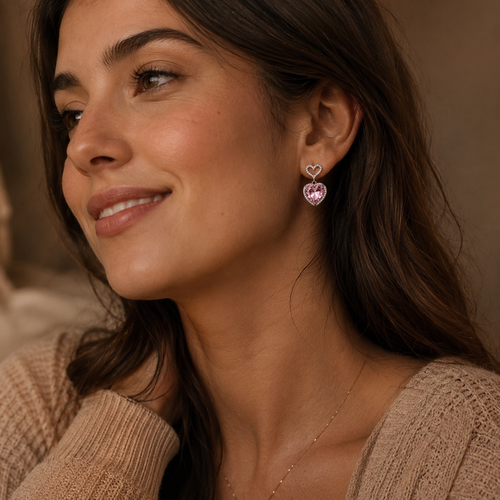 Model Wearing Crystal Heart Earrings