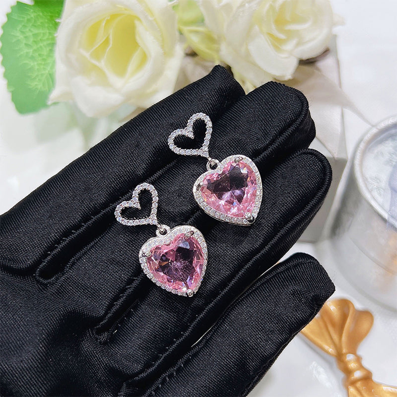 Jexyna Crystal Heart Earrings — pink crystal heart earrings (view 3)