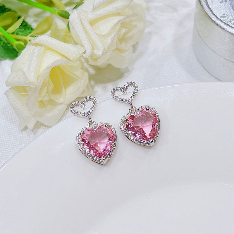 Jexyna Crystal Heart Earrings — pink crystal heart earrings (view 2)