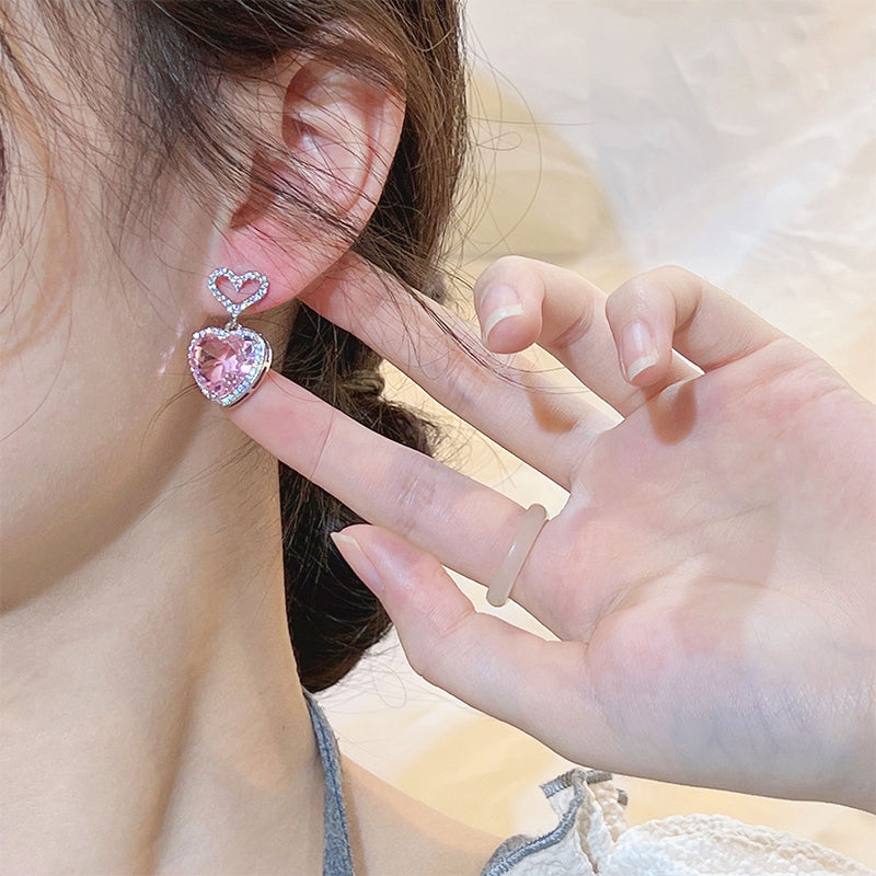 Jexyna Crystal Heart Earrings — pink crystal heart earrings (view 4)