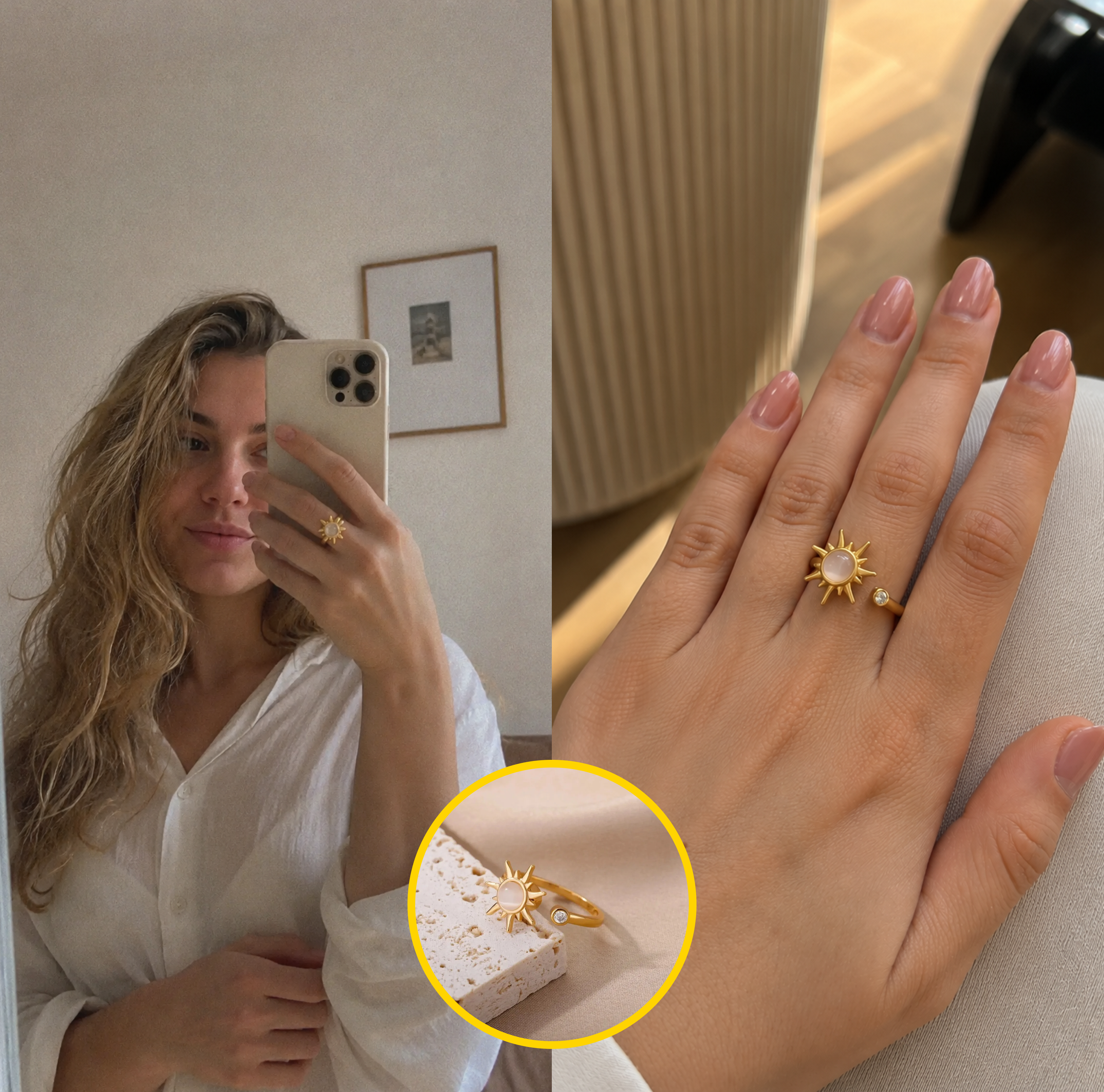 Jennie wearing the Stillpoint Spinner Ring, with a close-up of the ring on her hand