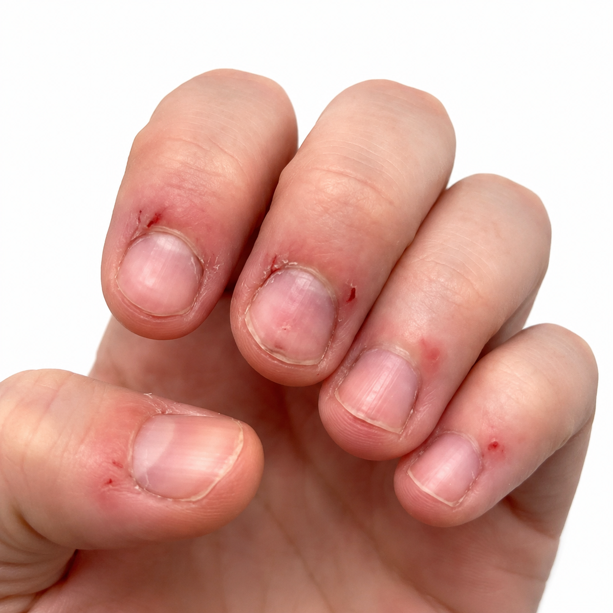 A customer's fingers before — sore, picked skin around the nails and cuticles